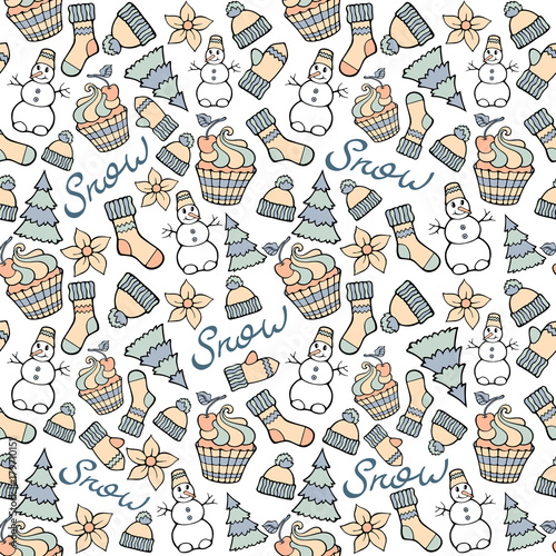 Modern funny color seamless pattern. Hand drawing and calligraphic  vector design elements isolated on white. New Year and Christmas cartoon theme.