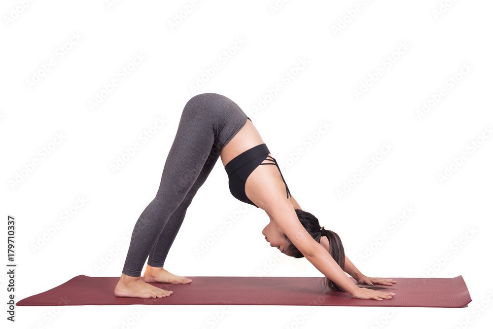 Asian young woman doing yoga isolated on white background, healthy and fitness concept.