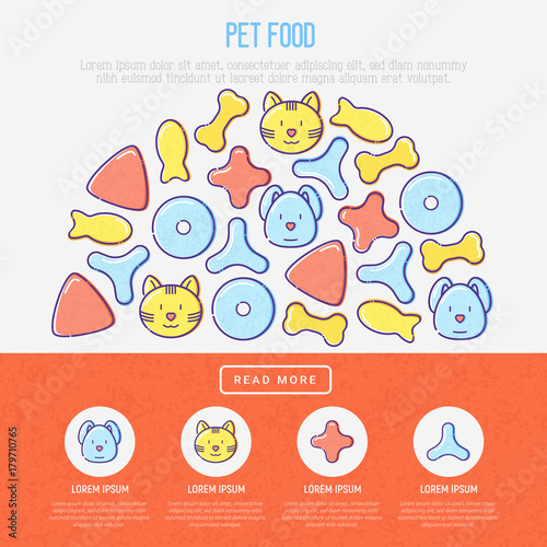 Pet food concept in half circle with thin line icons of dry food in different shapes and cute dog and cat. Modern vector illustration, template for web page of pet shop.