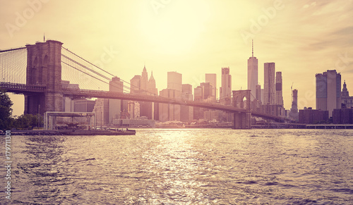 Vintage stylized picture of New York City at sunset  USA.