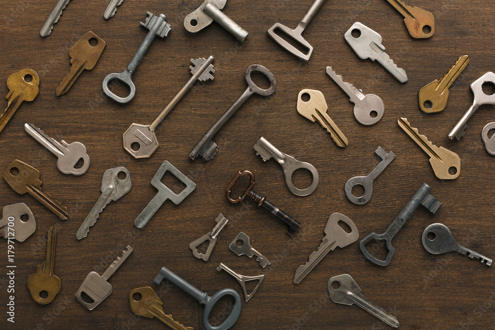 Many different keys on wood Many different keys on wood