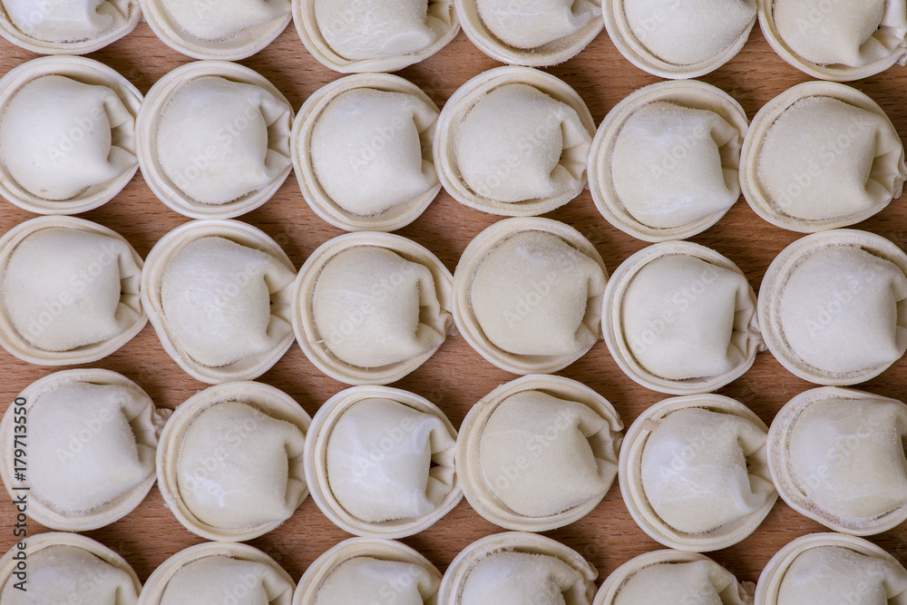 Frozen Ukrainian and Russian dishes - dumplings with beef meat or mashed potatoes or cottage cheese