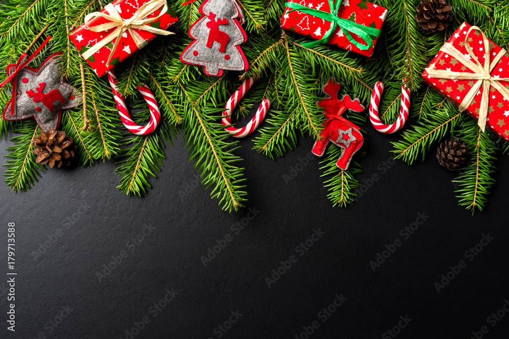 Christmas background with tree, presents and decorations