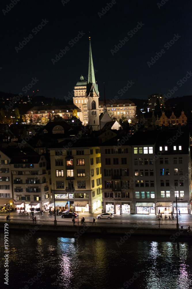 Zurich Switzerland City by night with church and university building Zurich Switzerland City by night with church and university building