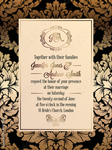Vintage baroque style wedding invitation card template.