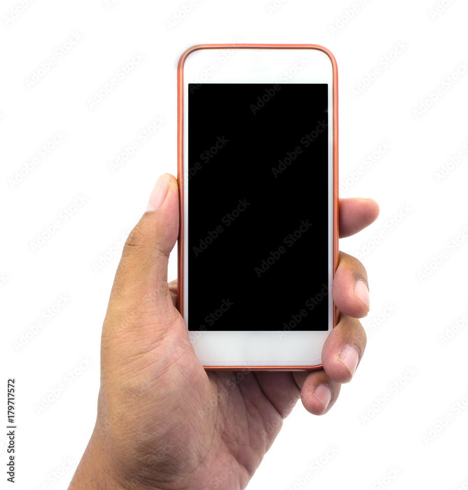 Hand holding white smart phone isolated over white background Hand holding white smart phone isolated over white background