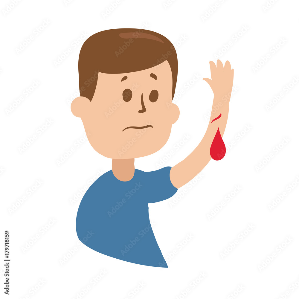 Upset guy raises wounded hand with blood oozing. Blood drop on a hand. Isolated flat illustration on white backgroud. Cartoon vector image.