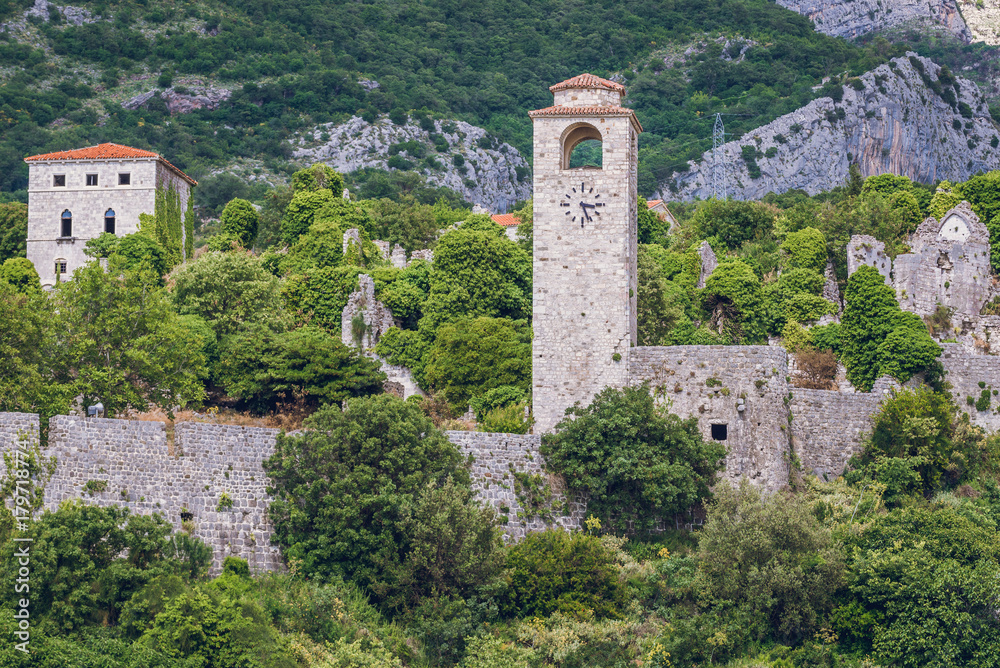 Clock tower in Stari Bar fortress near Bar city in Montenegro