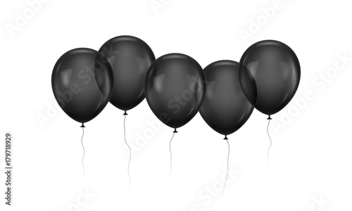 Five black gasbags in row. Flying balls in a chain with threads. Vector illustration isolated on white background
