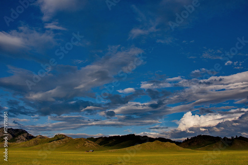 Sunset in the steppes of the Altai mountains