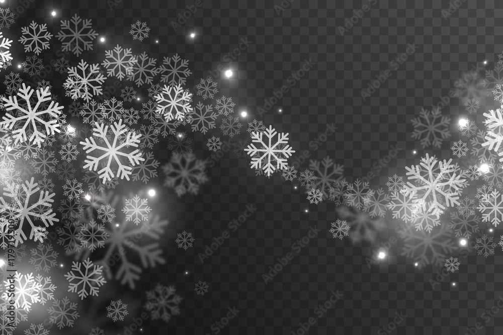 Vector Magic Falling Snow Effect with White Realistic Flying Snowflakes and Lights Overlay on Transparent Background. Merry Christmas Abstract Illustration. Xmas Design Element Vector Magic Falling Snow Effect with White Realistic Flying Snowflakes and Lights Overlay on Transparent Background. Merry Christmas Abstract Illustration. Xmas Design Element