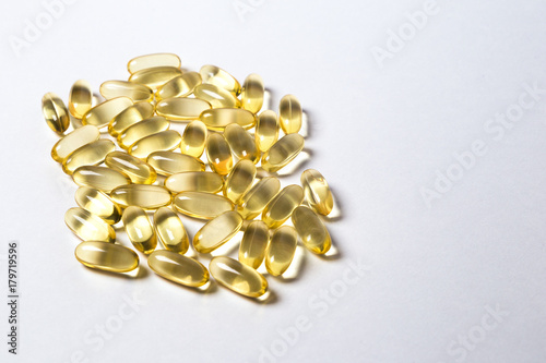 omega 6: conjugated linoleic acid (CLA) in capsules on the white background