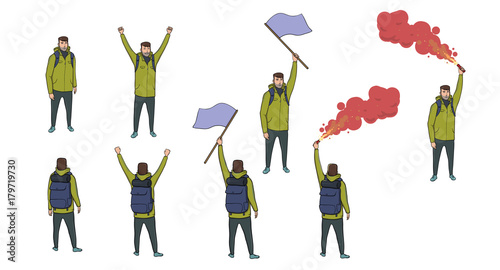 Set of tourist figure with a blue flag, red flare and a backpack on the white background. Hiker sending out SOS. Traveling outdoors. Horisontal vector illustration. Isolated cartoon characters.