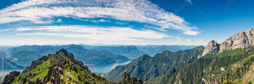 View on Lake of Como as seen from Rifugio Rosalba on Grigna Meridionale in Lombardy, Italy