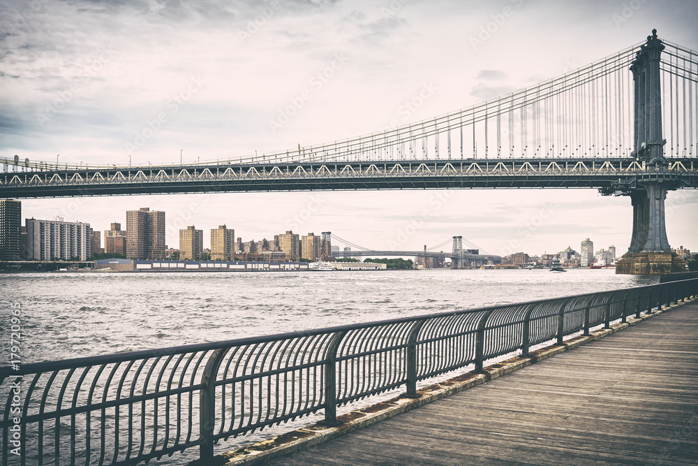 Retro old film stylized picture of Manhattan Bridge, New York, USA.