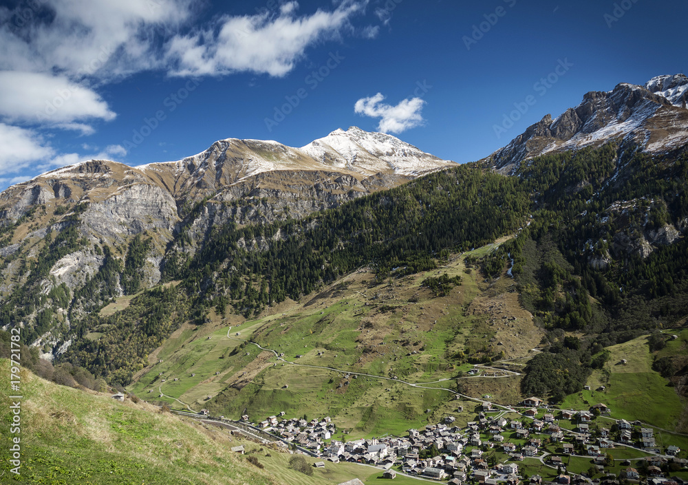 vals village alpine valley landscape in central alps switzerland