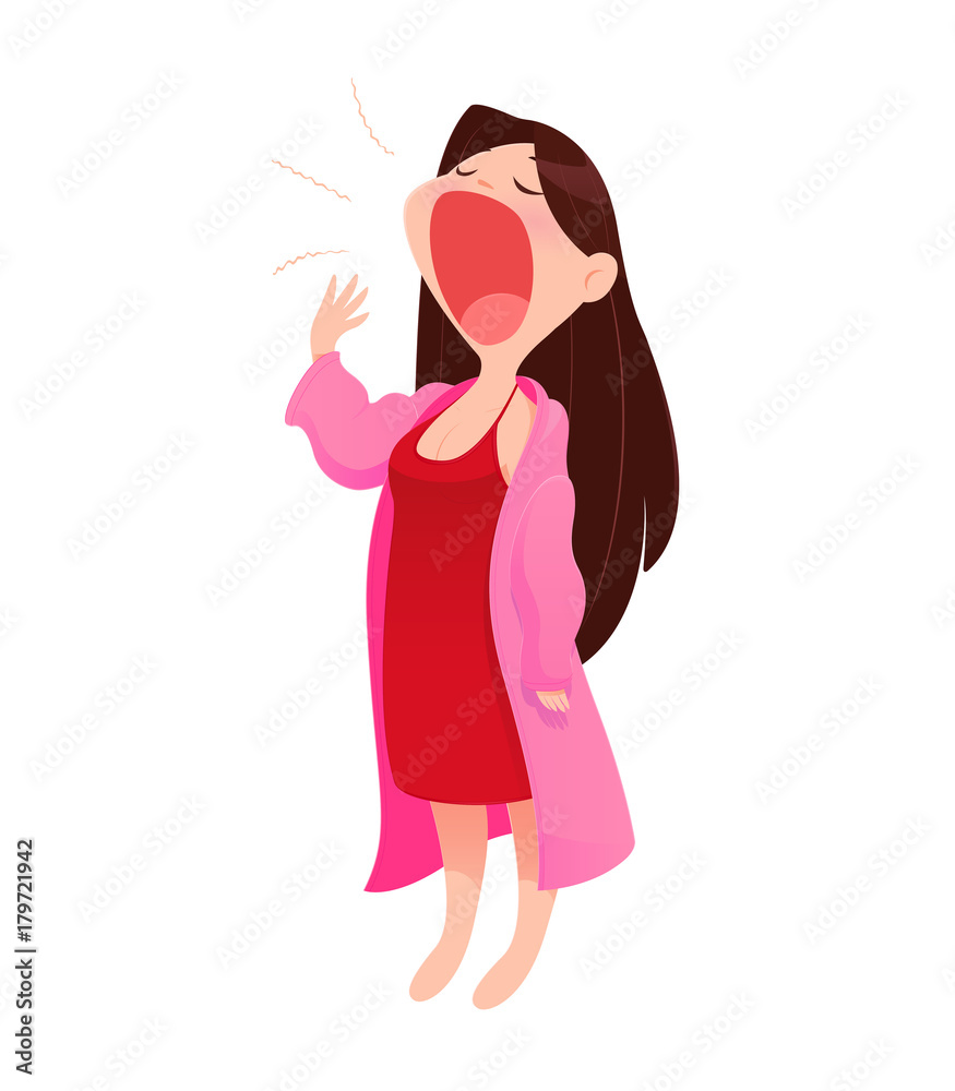 Illustration woman in nightwear and robe standing yawn, isolate on white background, Vector Cartoon