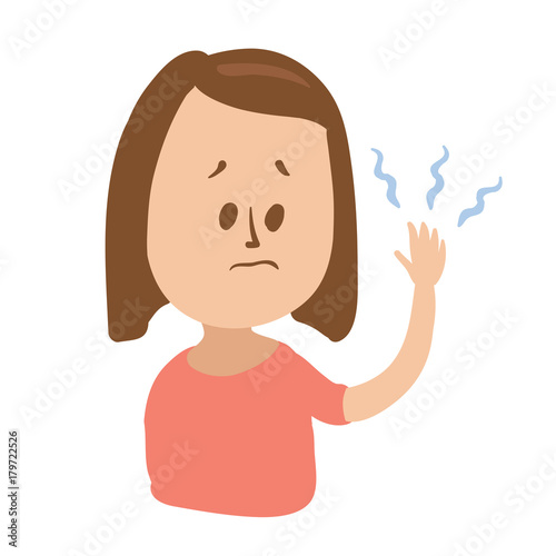 Puzzled girl looks at her tingling hand with imaginary blue waves. Isolated flat illustration on white backgroud. Cartoon vector image.