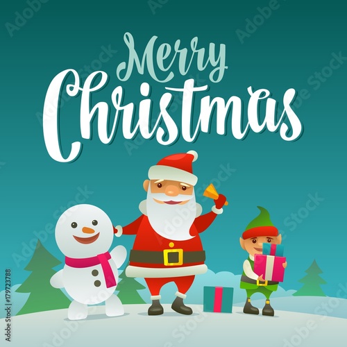 Santa claus, snowman and elf with gift. Flat vector illustration © MoreVector