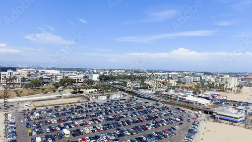 Beach and car parking in Santa Monica, California aerial view
