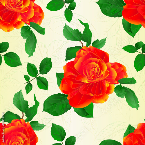 Seamless texture stem flower orange rose and leaves vintage  vector illustration editable hand draw