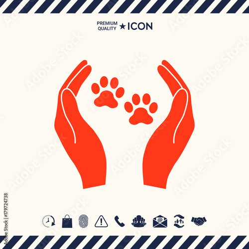 Shelter pets sign icon. Hands holds paw symbol. Animal protection