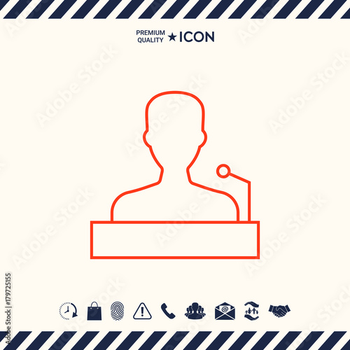 Speaker, orator speaking from tribune - line icon