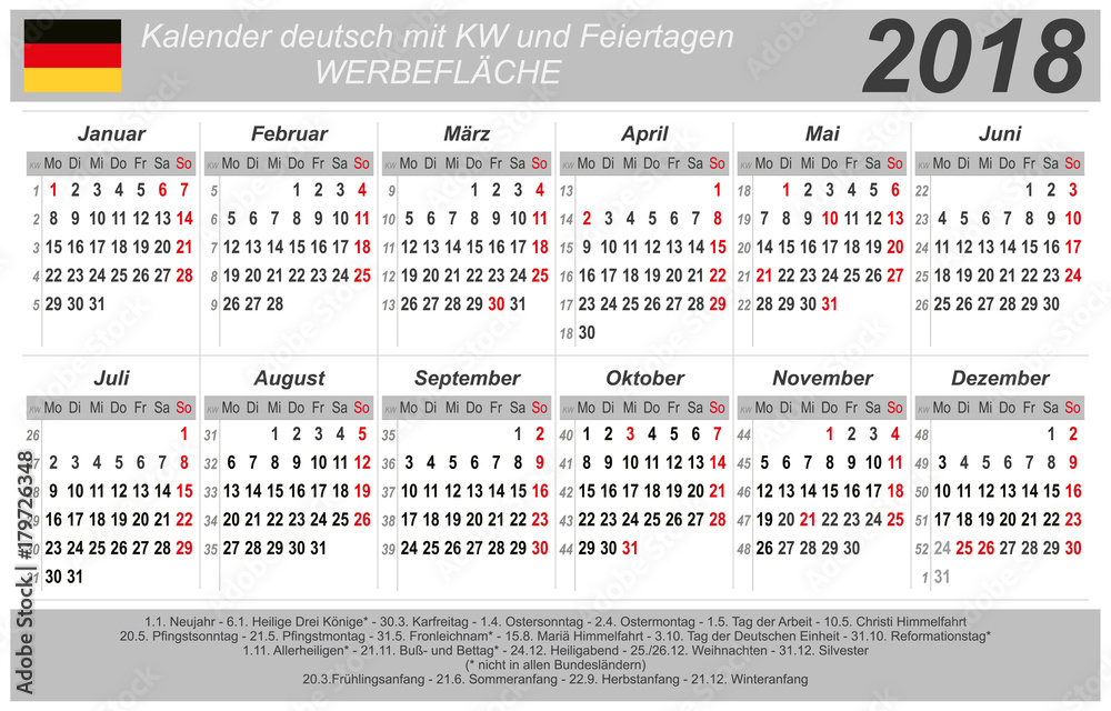 Kalender 2018 - grau - quer - deutsch - mit Feiertagen Stock Vector | Adobe  Stock