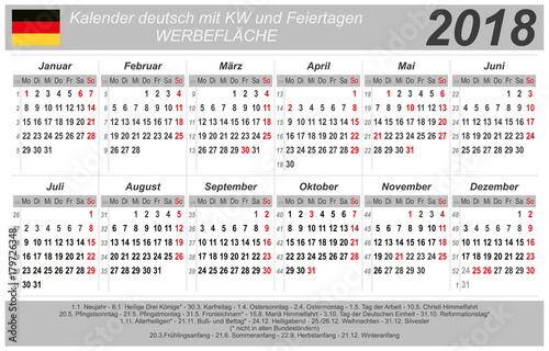 Kalender 2018 - grau - quer - deutsch - mit Feiertagen
