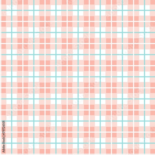 Checkered pattern of small squares seamless background, pink and white, vector. Pink squares, and cyan thin lines on a white field. Geometric, colored background. Pattern for cloth or paper. 