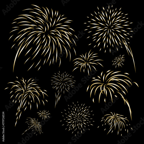 Gold fireworks design on black background vector illustration