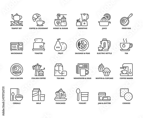 Print op canvas Line icons about breakfast