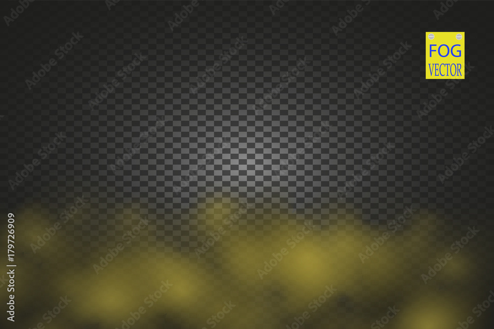 Golden smoke isolated transparent special effect. Yellow vector cloudiness, mist or smog background. Vector illustration