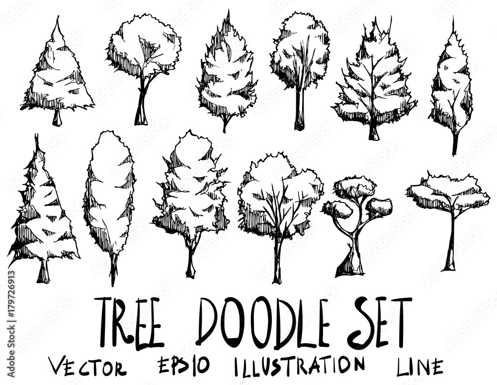 Set of Tree illustration Hand drawn doodle Sketch line vector eps10 ...