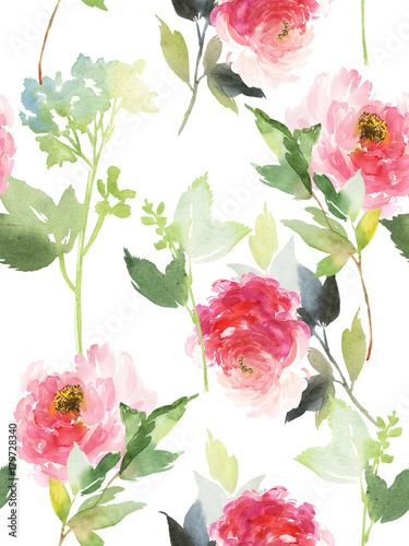 Seamless summer pattern with watercolor flowers handmade.