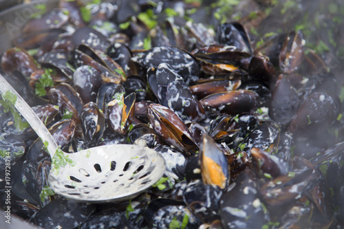 Mussels being stewed in cream and whine with parsley close up photo