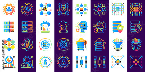 Flat icon set of Data science technology and machine learning process. Material design icon suitable for print, website and presentation