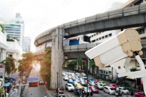 Surveillance camera..Old workable cctv watching all vehicles and movement on the street , anti terrorism concept..