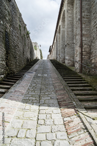 Gubbio, Perugia, Italy -   small typical street of the Gubbio village.