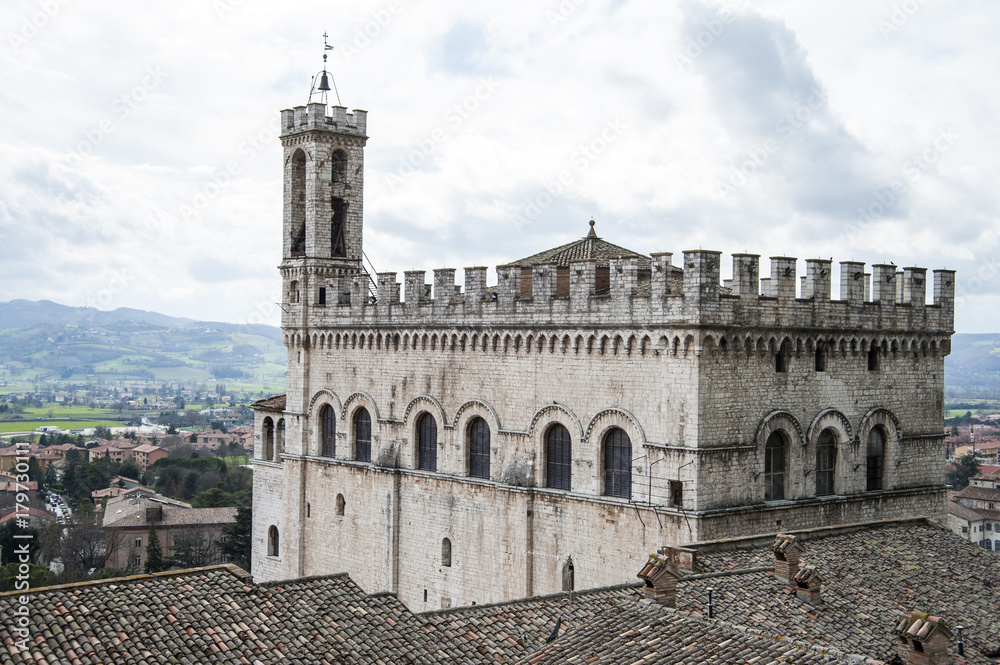 Gubbio, Perugia, Italy - view from above of Palazzo dei Consoli. The palace  is located in Piazza Grande, in Gubbio, and is one of the most impressive public buildings in Italy.