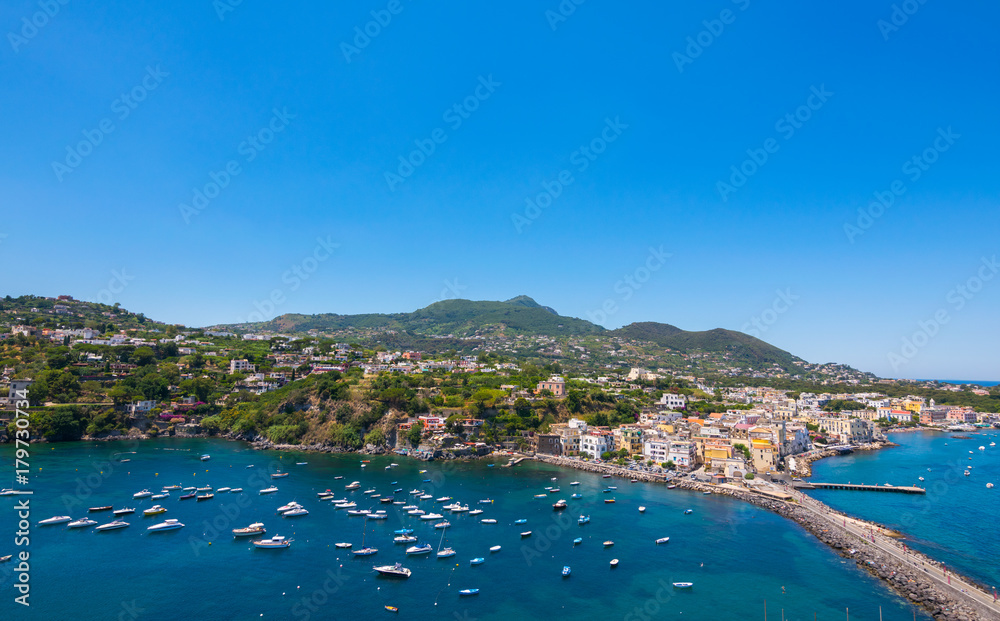 Panoramic view of Ischia town, Ischia Ponte, Ischia, Phlegrean Islands, Tyrrhenian Sea, Italy, South Europe Panoramic view of Ischia town, Ischia Ponte, Ischia, Phlegrean Islands, Tyrrhenian Sea, Italy, South Europe