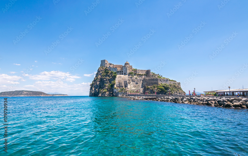 A summer day visiting Aragonese Castle and looking toward Capri and Vesuvi Ischia Ponte, Ischia, Phlegrean Islands, Tyrrhenian Sea, Italy, South Europe