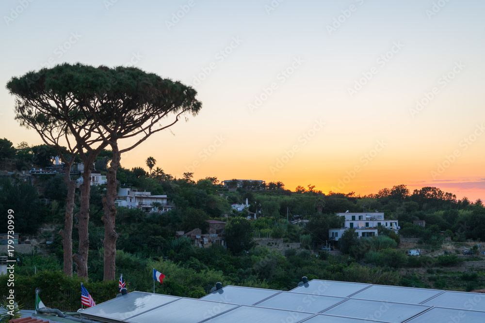 Fototapeta premium Sunset at Casamicciola Terme, Ischia, Phlegrean Islands, Tyrrhenian Sea, Italy, South Europe