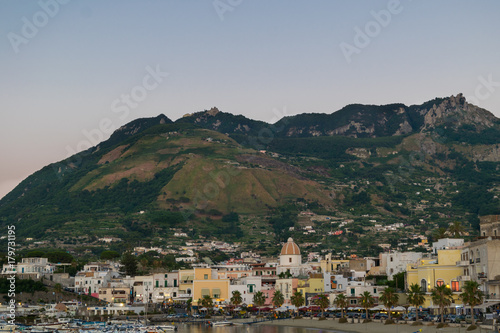 Panoramic view of Forio at sunset, Soccorso Church, Ischia, Phlegrean Islands, Tyrrhenian Sea, Italy, South Europe photo