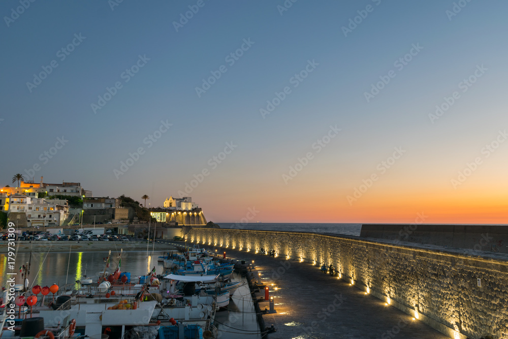 Obraz premium Panoramic view of Forio at sunset, Soccorso Church, Ischia, Phlegrean Islands, Tyrrhenian Sea, Italy, South Europe