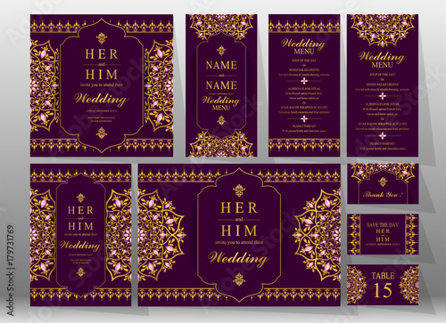  Wedding Invitation card templates with gold patterned and crystals on background color.