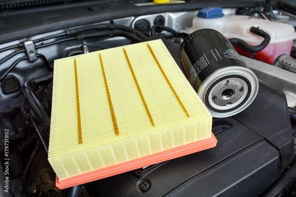 Oil and air filter on car ingine - obrazy, fototapety, plakaty 