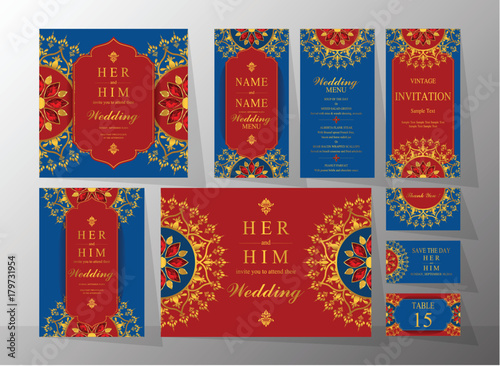  Wedding Invitation card templates with gold patterned and crystals on background color.