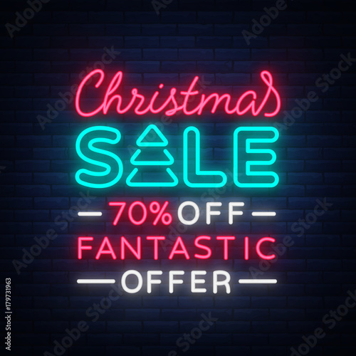 Wallpaper Mural Christmas sale card template in neon style, isolated vector illustration. Bright advertising of Christmas discounts for shops. Holiday discounts sale, broochure, glowing neon sign Torontodigital.ca