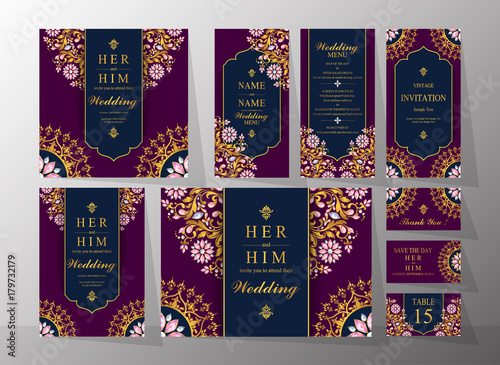  Wedding Invitation card templates with gold patterned and crystals on background color.